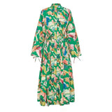 Green Print Colorblock Dress For Women Stand Collar Long Sleeve High Waist Loose Midi Dresses Female Clothing