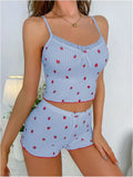 Summer New Large Print Pit Strip Home Lady Bow Slings Shorts Strawberry Print Two