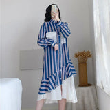 Clothing Striped Spliced Dresses Stylish Asymmetrical Fake Two Pieces Spring Autumn Polo-Neck Single-breasted Midi