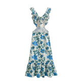 Fashion Women Flower Print Wood ears Strap Backless Tank Long Dress Women Hollow Out Lacing up Bow Back Swing Party Robe-Outfit