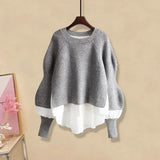 Solid Color Patchwork Knitted Jumpers Female Clothing Korean Loose Spring Autumn Casual All-match Long Sleeve