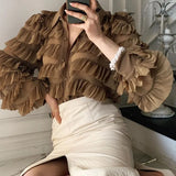 Spring Korean Ruffles Blouse Women Turn Down Collar Long Sleeve Tops Loose Heavy Work Cupcake Ol Shirt Feminino Blusas