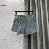 Women's Denim Skirt High Waist Pleated Patchwork Asymmetrical Black Retro Mini A-line Skirts 2024 Summer New Fashion 29L297-Outfit