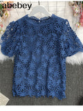 New Summer Sweet All-match O-neck puff sleeve Blouse hollow out Lace Crochet stitching Shirt