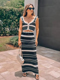 Suit Striped Knitted Vest Blouse High Waist-Colly Half-Dress Two-Piece