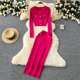 Fragrant High-Sense Metal Buckle Repair Short Long-Sleeved Knitting Top Female High-Waisted Hip Skirt