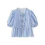 Women's Elegant Kawaii Summer Peplum Blouse Tops Short Puff Sleeve Round Neck Bow Tie-Up Front Babydoll Flare Shirts-Outfit