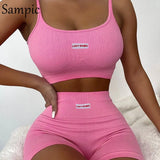 Knitted Summer Sexy Women Tracksuit Shorts Two Piece Set Sport Letter Print Tops And Mini Biker High Waisted Shorts