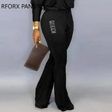 Women Casual Long Sleeves Slash Neck Drawstring Letter Pattern Skinny Pants Sets-Outfit