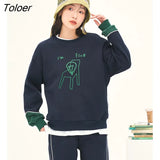 Women Sweatshirt 2022 Winter Long Sleeve O Neck Loose Hoodie Cuff Contrast Color Warm Casual Streetwear