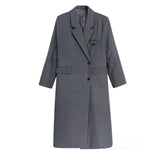 Women Gray Big Size Long Elegant Blazer New Lapel Long Sleeve Loose Fit Jacket Fashion Tide Spring Autumn 2023