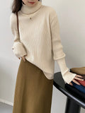 Women's High Neck Vertical Pit Stripe Elastic Sweater Long Sleeve Slim Pile Neck Jumper Roll Collar