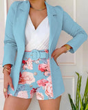 Fashion Women Autumn Coat And Print Shorts Two Piece Sets Elegant Blazers Shorts Suit With Belt Vestiti Interi