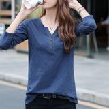 Clothing Spring and Autumn New Loose V-neck Button Tee Shirt Long Sleeve T-shirt Women's Large Pullover Casual Tops-Outfit
