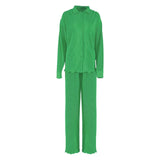 Green Two Piece Set Womens Lapel Long Sleeve Tops High Waist Loose Wide Leg Pant Solid Sets Female Spring