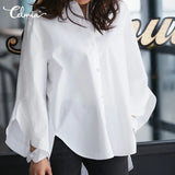 Women Fashion Blouses Autumn Tops Long Flare Sleeve Casual Solid Shirts Buttons Loose Work Blusas