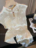 New Chinese Style Light Style Blouse Women's Summer Short Style Slim High Feel Plate Button Thin Satin Broken Flower Shirt-Outfit