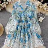 Printed Lantern Sleeve Dress Female Spring V-Neck Hollow Hook Flower Embroidery Light Luxury A