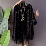 Women's Clothing Irregular Tassel Blouse Chic Sequined Spliced Commute Korean Loose Spring Autumn O-Neck Casual 3/4 Sleeve