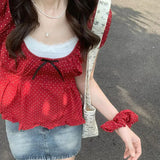 Polka Dot Bow Patchwork Short Sleeve Tee-Outfit