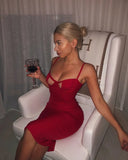 Red Sexy Strap Sleeveless Solid Hollow Out Midi Pencil Club
