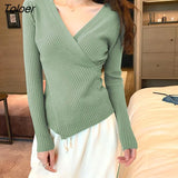 2023 Spring Autumn Ribbed V-neck Pullover Women Basic Solid Color Knitted Sweater Woman Slim Fit Long Sleeve Jumper