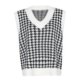 Plaid V Neck Vintage Sweater Vest Casual Elegant Sleeveless Jumpers Pullover Autumn Knitted Top Winter High