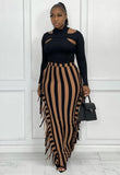 Hollow Out Tight Top and Stripes Fringe Long Skirt