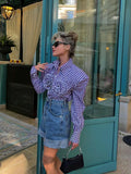 Women's Y2K Vintage Plaid Belted Elegant Long Sleeve Shirt Turn-down Collar Button-down with 3D Flower Fall Slim Tops-Outfit