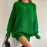 Y2K Women's Oversized Sweater Knitted Green O Neck Long Sleeve Pullover Tops Casual Party Sexy Club Sweaters Dresses