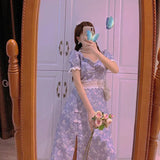 Princess Elegant Sweet Dress Women Korean High Waist Split Vintage Boho Dress Female Party Sexy Midi Casual Cute