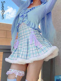 Pink Stripe Plaid Cute Kawaii Y2K Pleated Skirts Womens Fur Trim Lace Up High Waist Mini Skirt Baby Girl Holiday