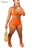 Hollow Out Fishnet Crochet Bikini Top and Pants Suites Sexy Two Piece Set Beach Vacation Outfits Summer Wear