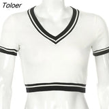 Summer New V Neck Crop Tops Women 2023 Slim Fit Short Sleeve T Shirts Woman Patchwork Streetwear Cropped Tshirt