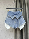 Women's Denim Shorts High Waist Fluorescent Green Cuffs Design Belt Wide Leg Short Pants 2024 Summer New Fashion 29L1819-Outfit