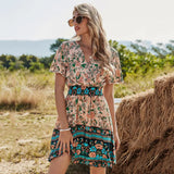 For Women Casual Wrap Patchwork Boho Bohemian Print Floral Ruffled Dress Fall Summer One-piece Clothes 2021