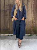 Spring And Autumn Cotton Tamply Size Women's Loose Casual V-Neck Long-Sleeved Trousers Two-Set