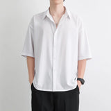 Men's Summer Loose Thin Ice Silk Short-Sleeved White Five-Sleeve Shirt Youth Breathable Cardigan Half-Sleeved Shirt-Outfit