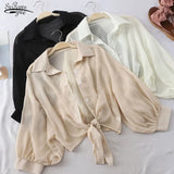 Summer Sunblouse Chiffon Shirts Women Half Sleeve Buttoned Up Shirt Loose Blouse Tied Waist Blouses for Women
