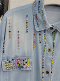 Women's Denim Shirt Loose Double Pockets Colorful Crystal Beading Single Breasted Blouse 2024 Summer New Fashion 29L1839-Outfit