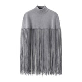 Autumn Gray Knitting Long Tassel Cape Pullover Sweater Women High Collar Loose Fringed Shawl Knitwear Oversized Jumper-Outfit