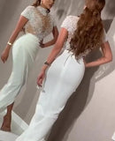 Formal Beaded Short Sleeves Slit Evening