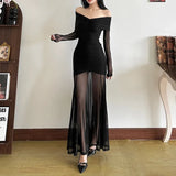Autumn And Winter New Women's Pure Color Temperament Sexy Word High Waist Waist Dress Dress