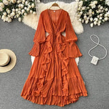 Purple/Brown/Red Chiffon Pleated Long Dress Women Vintage V-Neck Flare Sleeve Draped Ruffle Vestido Female Maxi Robe Spring