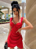 Sexy Strap Sleeveless Solid Satin Ruched Mini Asymmetrical Club