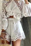 Sexy Patchwork Lace Two Piece Set For Women Round Neck Long Sleeve Tops High Waist Shorts Cut Out Sets Female 2023
