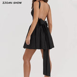 Sexy Slash Collar Tie Bow Sashes Backless Dress Woman Slim Waist Stitching Ruched Swing Ball Gown Mini Tank Robe Black-Outfit