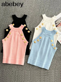 Summer New Hollow Out Womens Tank Tops Thin Knitted Sleeveless Sexy Tops Golden Buttons Camisole Women