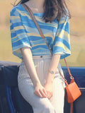 Toloer Korean Chic Oceanous Special To Beautiful Blouse Loose And Thin Blue Striped