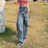 Small Flower Jeans Women Hit The Color Leather Standard High Waist Pendant Feeling Broad Legs Loose 100 Straight Tube Floor Trousers-Outfit